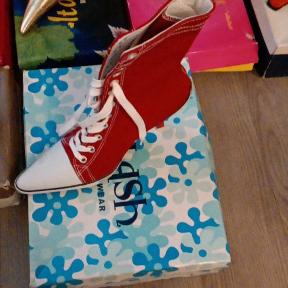 Red and white sneaker high heel boots